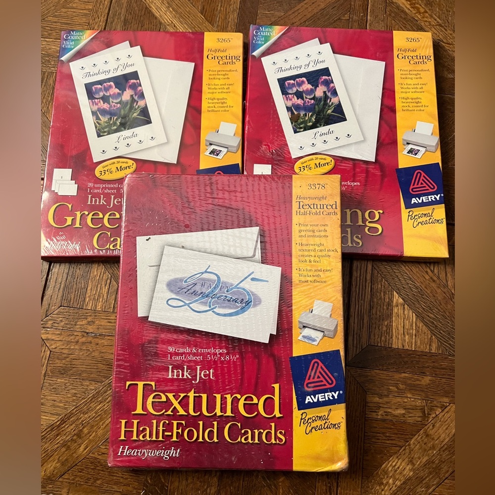 Avery half fold greeting cards. One heavyweight textured, two regular weight.
